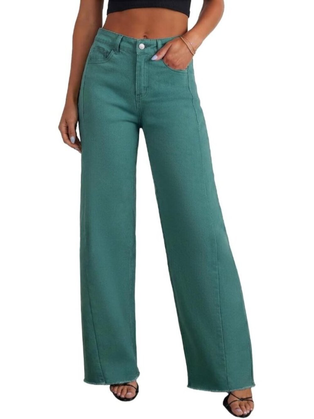 Women's Lake Green Leg Jeans High Waisted Stretchy Length Side Seam Denim Pants